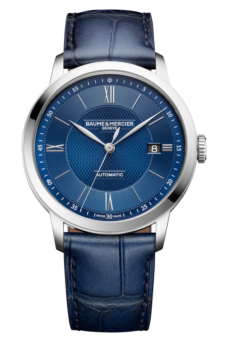 Classima Automatic Leather Strap Watch, 40mm, Main, color, BLUE