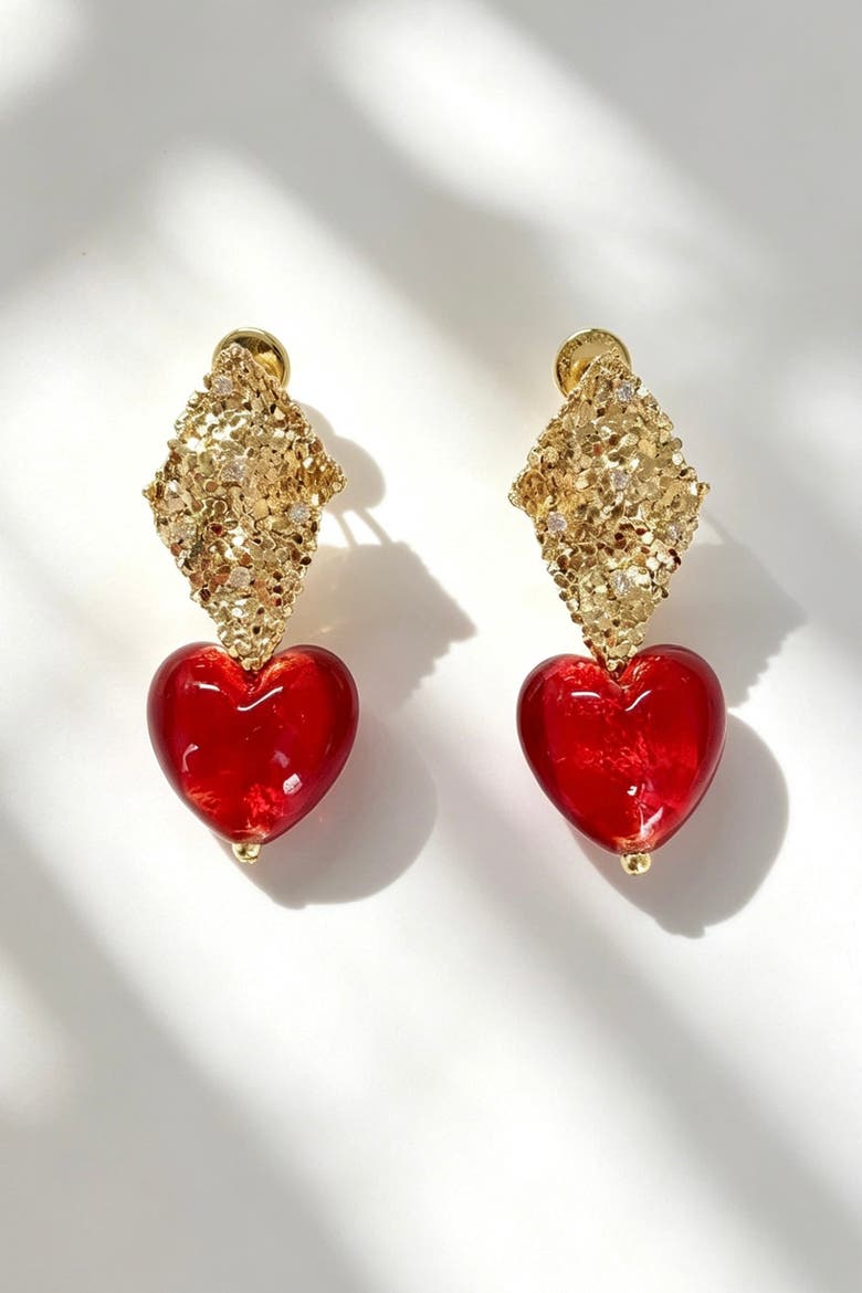 Valentina Murano Glass Heart Drop Earrings, Main, color, Red