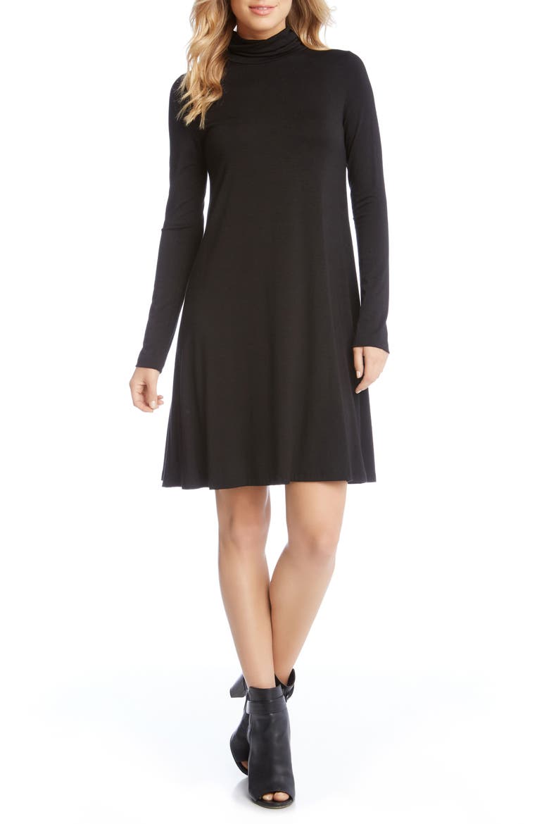 Turtleneck A-Line Dress, Main, color, BLACK