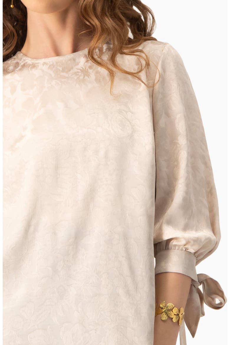 Floral Jacquard Tie-Cuff Blouse with Three-Quarter Sleeve, Alternate, color, Beige