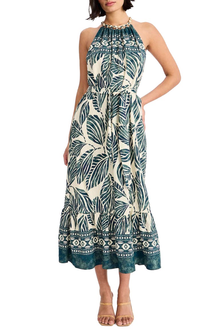 Print Tie Back Sleeveless Midi Dress, Main, color, NAVY/ GREEN