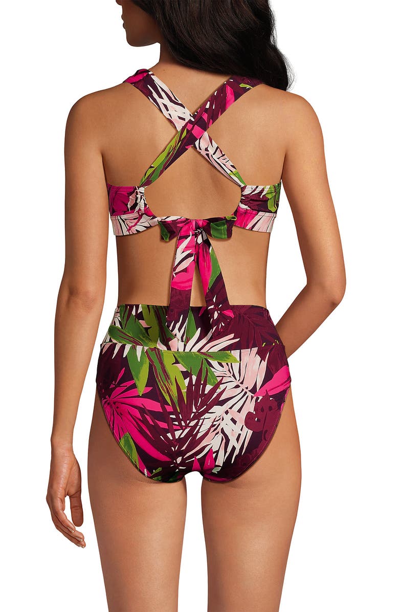 Lands' End Chlorine Resistant V-neck Midkini Swimsuit Top and High Leg High Waisted Bottoms 2 Piece Set, Alternate, color, Dark Wine Multi Tropical Palm