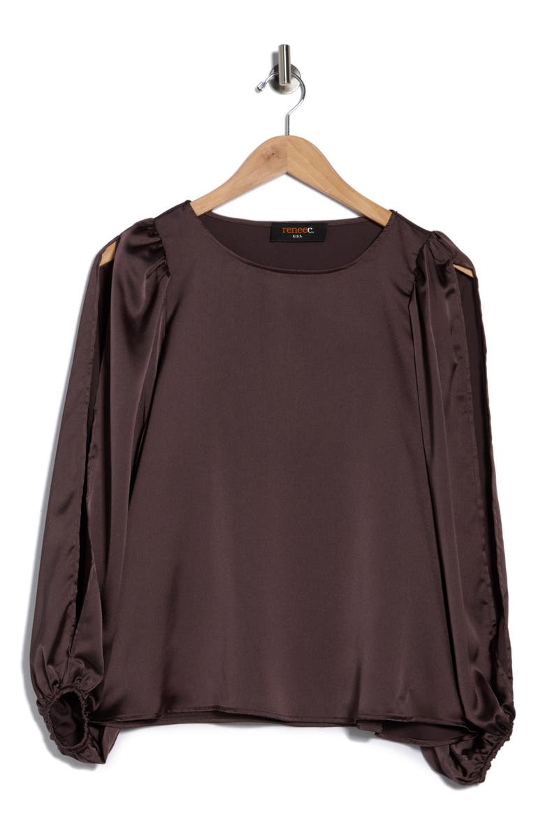 Cutout Long Sleeve Satin Top, Alternate, color, BROWN
