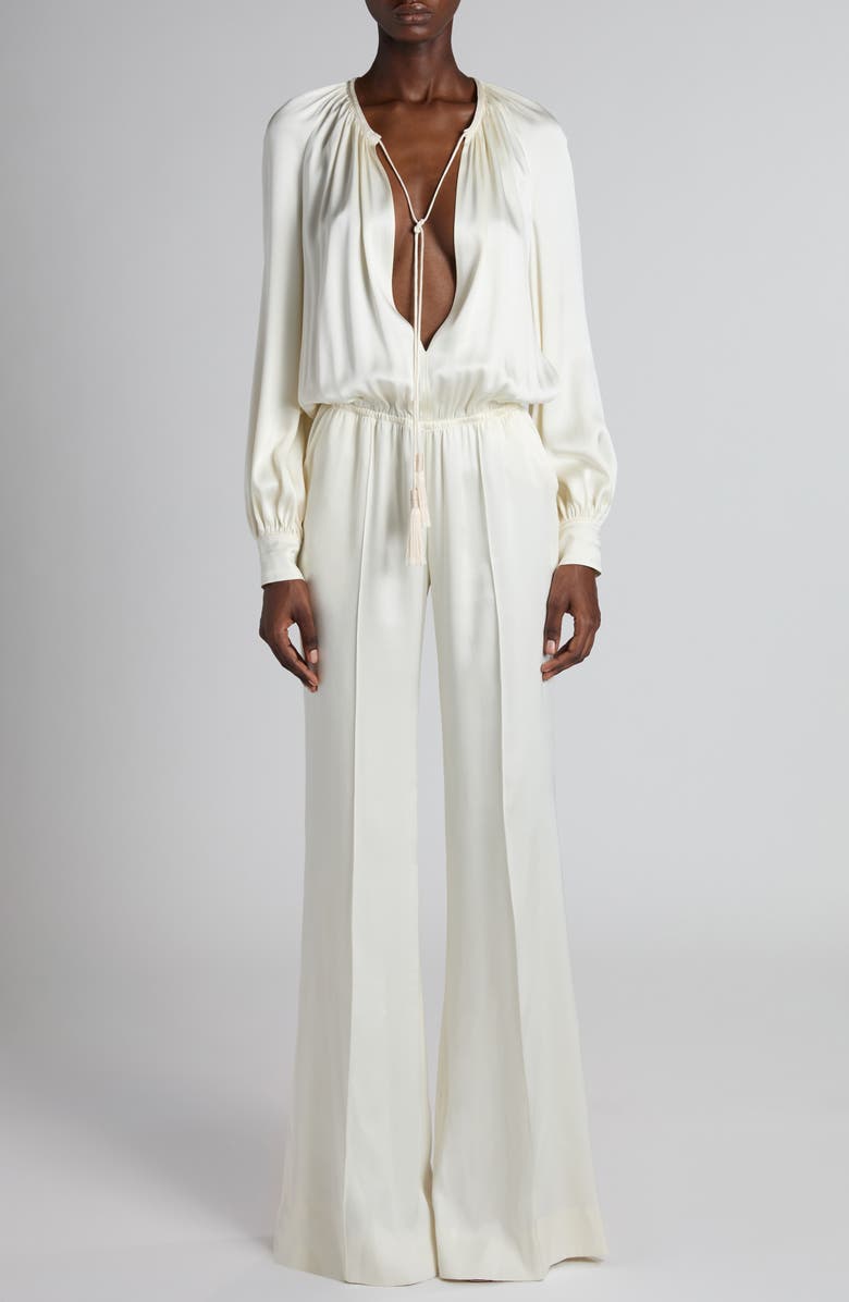 TOM FORD Tie Neck Long Sleeve Cady Jumpsuit, Main, color, Crema White