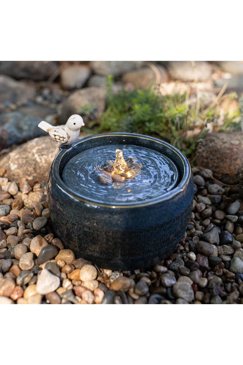 8.86" Blue Porcelain Bird Fountain with Natural Pebbles & LED Lights, Alternate, color, Blue