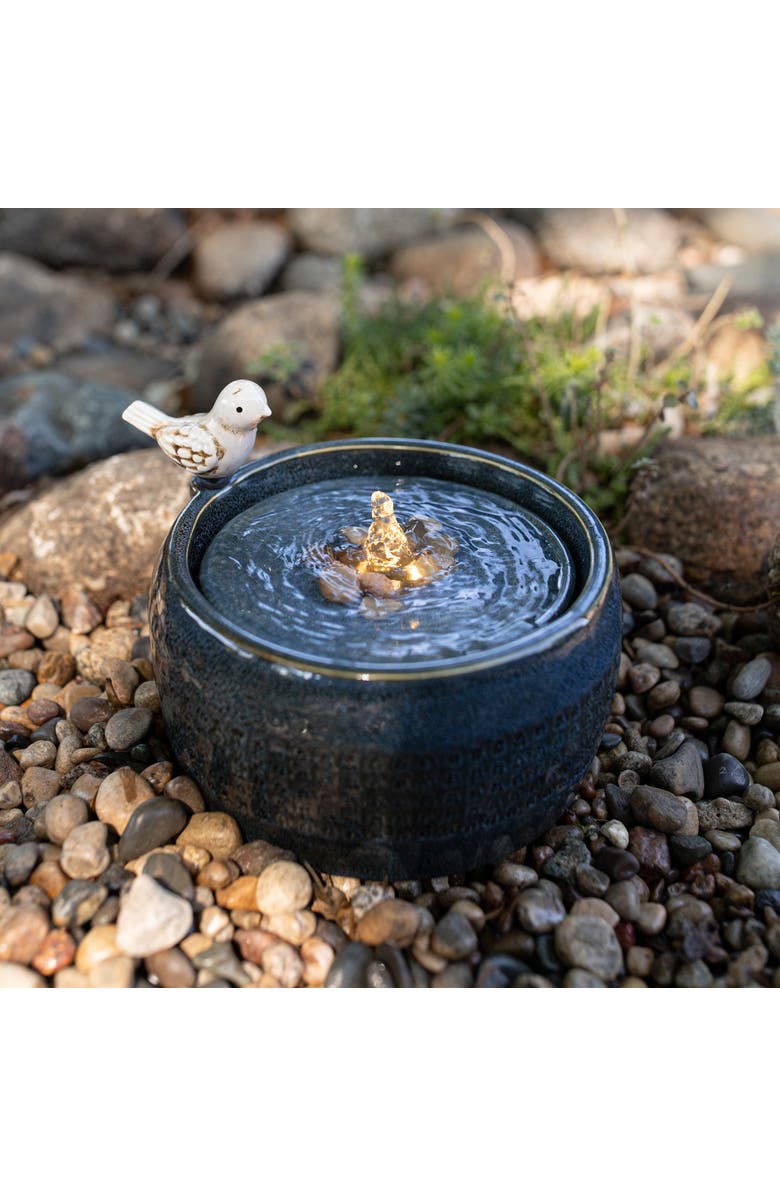 Foreside Home and Garden 8.86" Blue Porcelain Bird Fountain with Natural Pebbles & LED Lights, Alternate, color, Blue