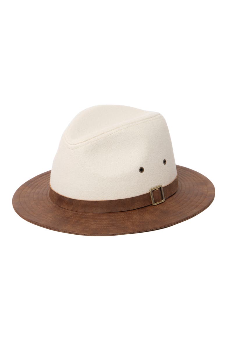 Faux Leather Brim Fedora, Main, color, DEEP BROWN
