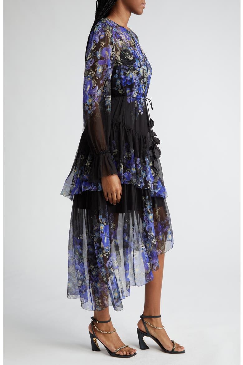 Lyrical Iris Print Tiered Ruffle Long Sleeve Silk Georgette Midi Dress, Alternate, color, BLUE IRIS BLACK
