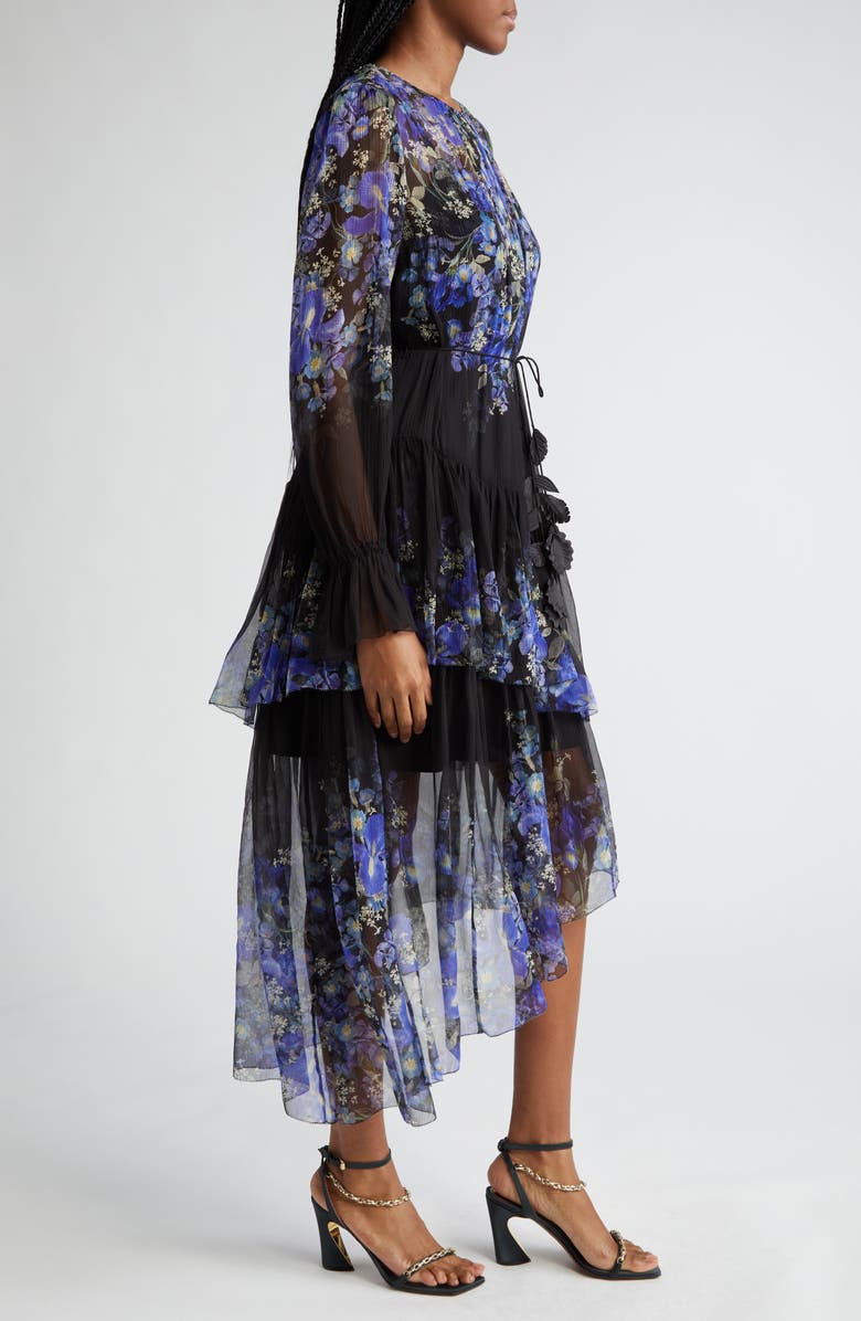 Zimmermann Lyrical Iris Print Tiered Ruffle Long Sleeve Silk Georgette Midi Dress, Alternate, color, 