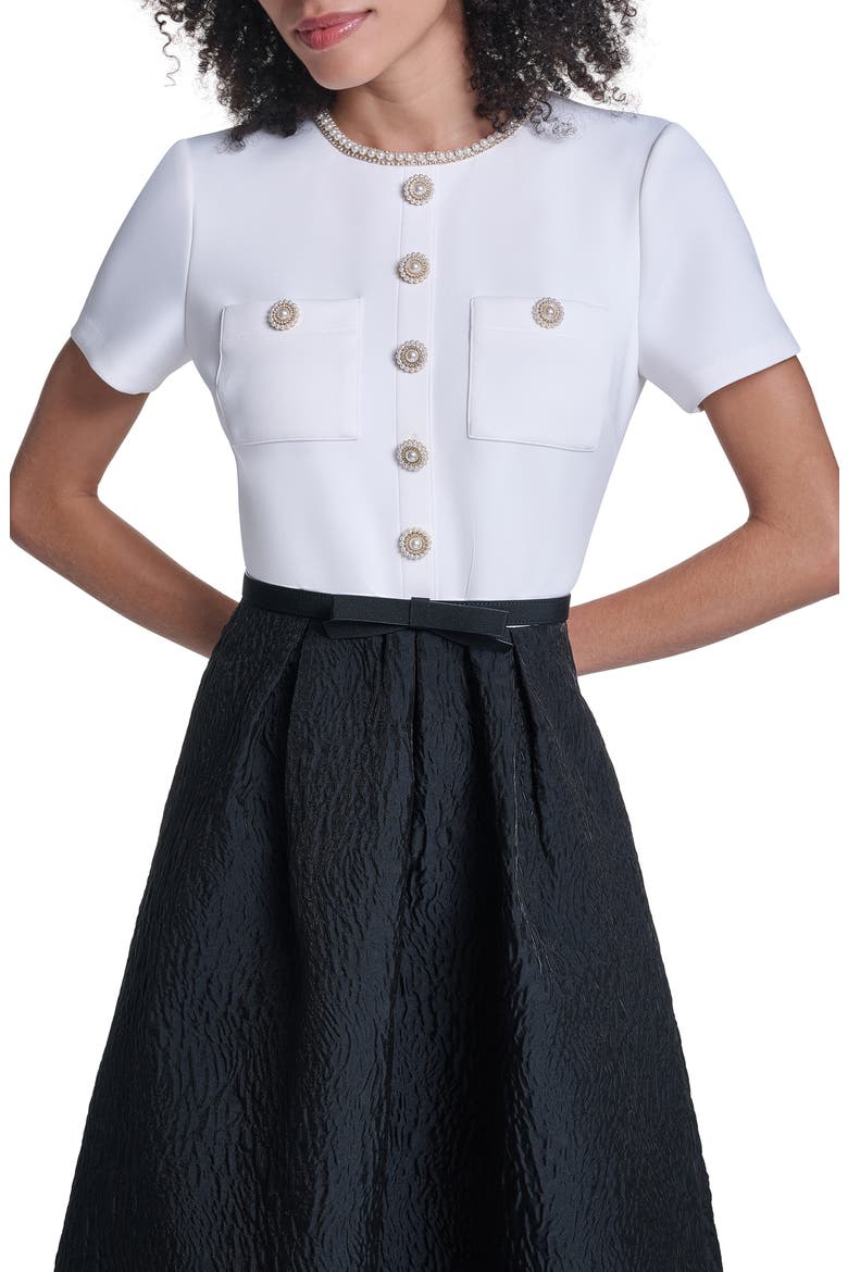 Mixed Media Short Sleeve A-Line Gown, Alternate, color, SOFT WHITE BLACK