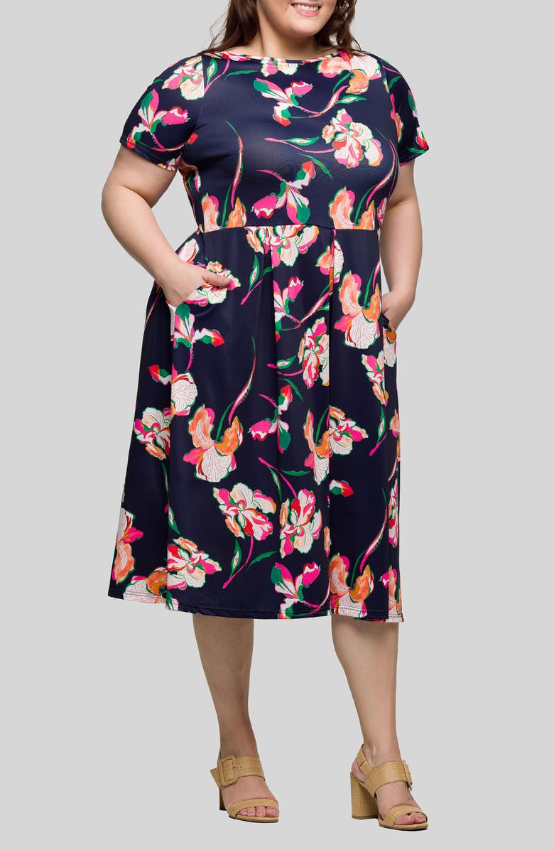24seven Comfort Apparel Floral Short Sleeve Fit & Flare Midi Dress, Alternate, color, Navy Multi