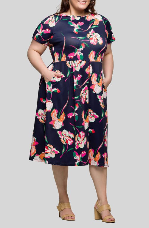24seven Comfort Apparel Plus Size Short Sleeve Pleated Flare Midi Pocket Dress In Navy Multi