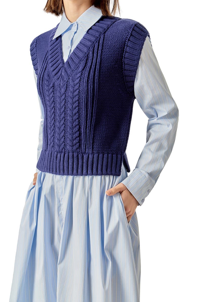 English Factory Vest Mixed Media Maxi Shirtdress, Alternate, color, Dark Navy