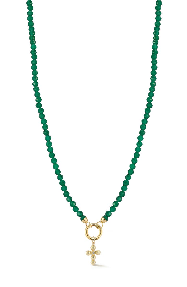 Ember Fine Jewelry 14K Yellow Gold Diamond Cross Beaded Necklace, Main, color, Gold/Green
