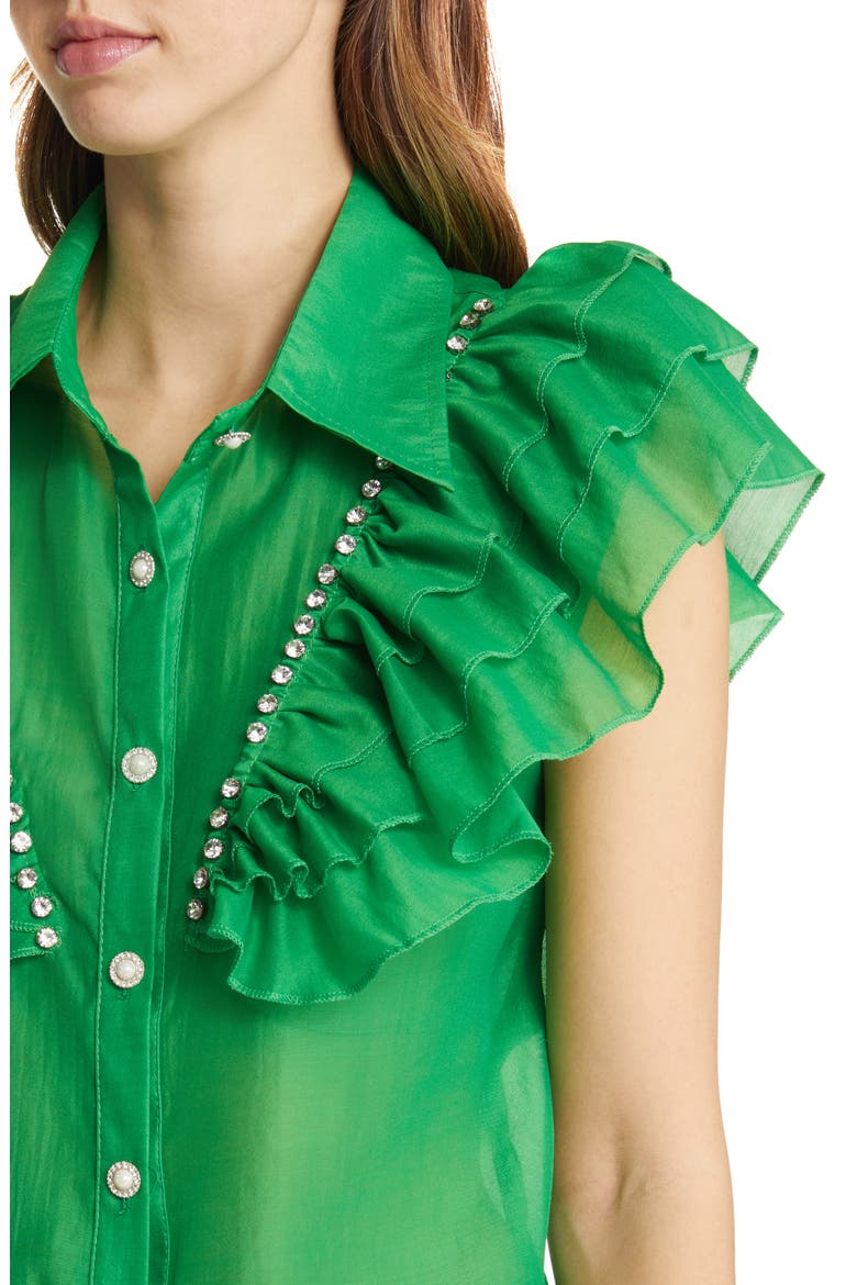 Holly Rhinestone Ruffle Button-Up Blouse, Alternate, color, BRIGHT GREEN
