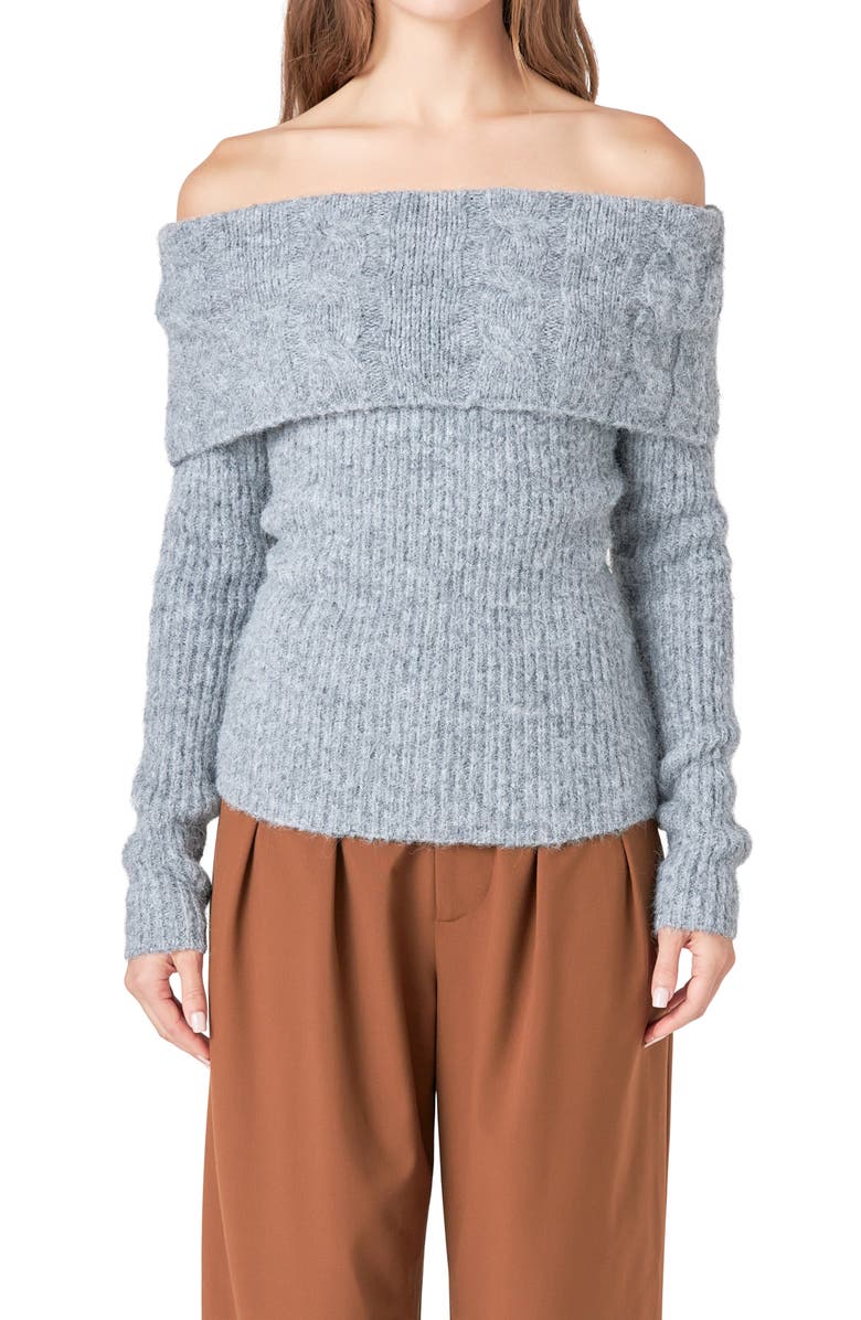 Endless Rose Off the Shoulder Rib Sweater, Alternate, color, Heather Grey