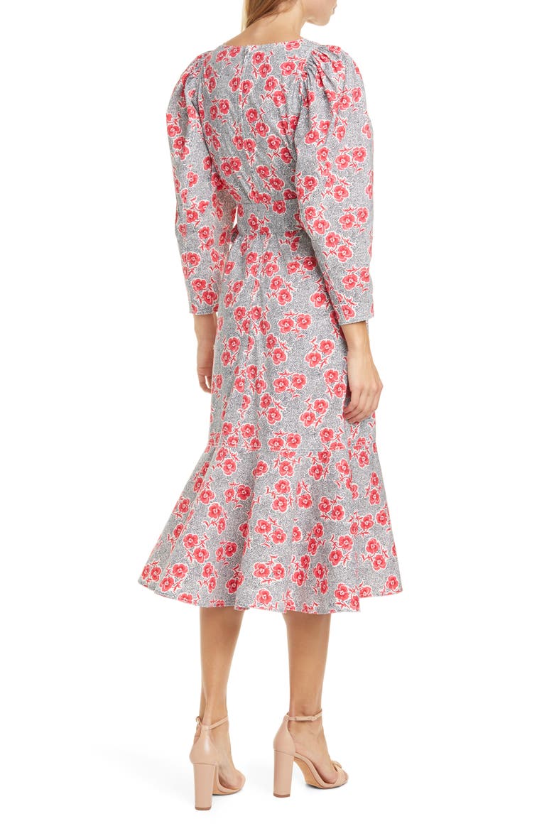 Coral Fleur Long Sleeve Cotton Midi Dress, Alternate, color, SNOW COMBO