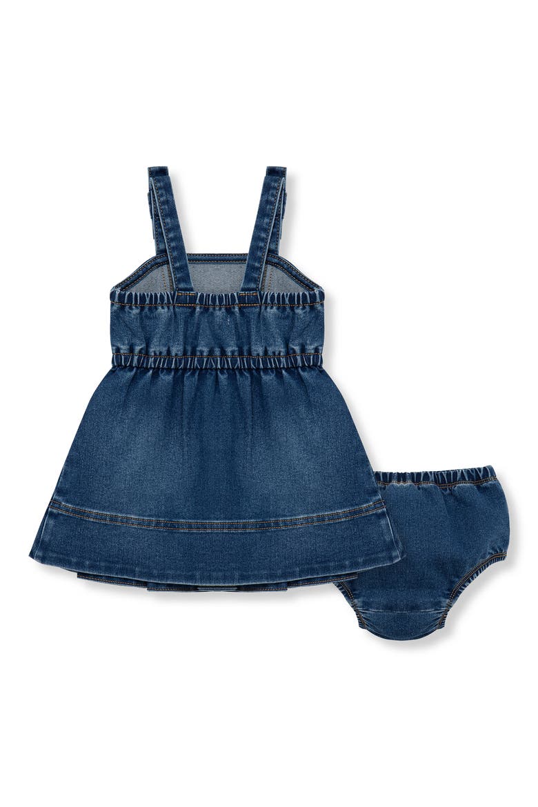 Pleated Bow Strap Cotton Blend Denim Dress with Bloomers, Alternate, color, DENIM