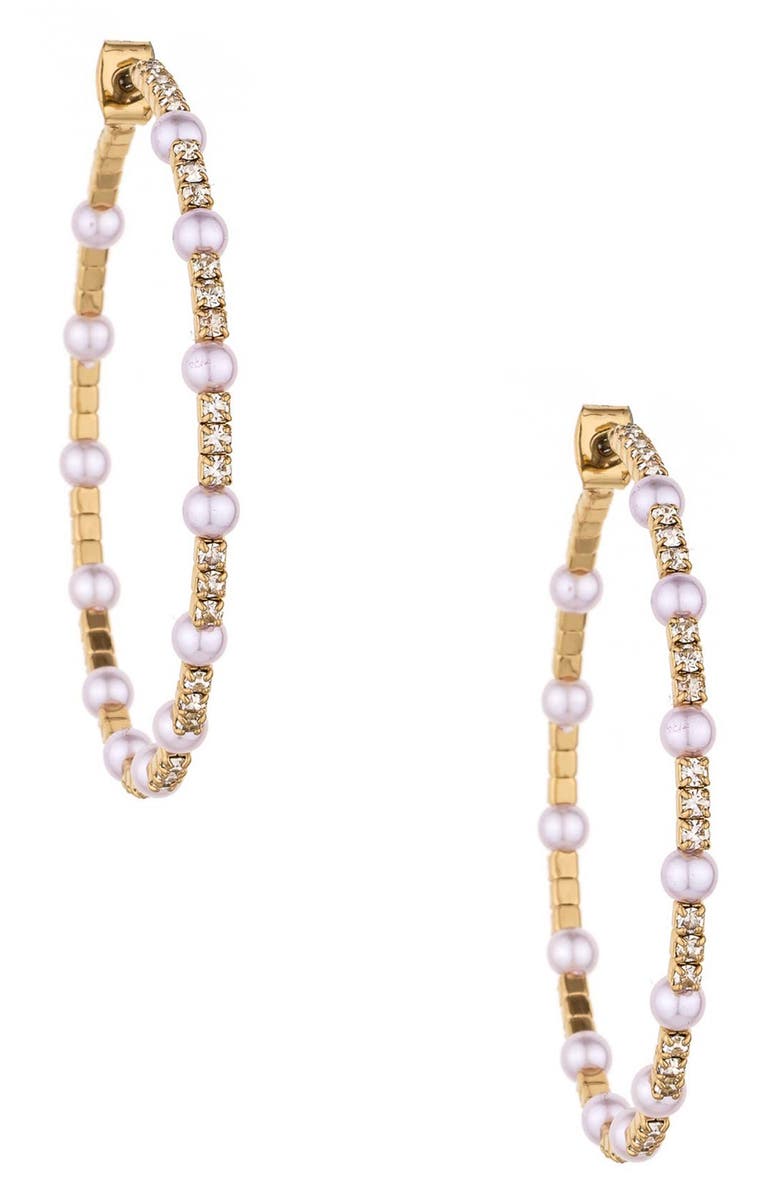 Ettika Crystal & Imitation Pearl Hoop Earrings, Main, color, 