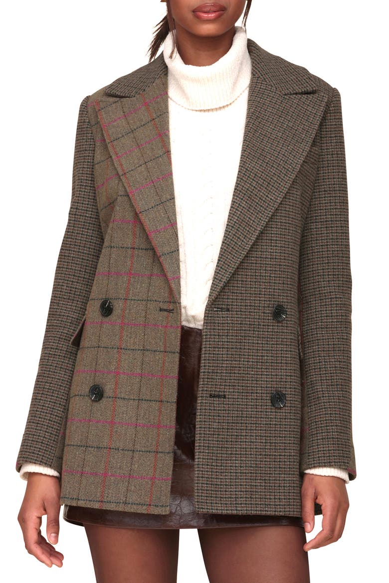 Patchwork Double Breasted Blazer, Alternate, color, OLIVE PLAID MIX