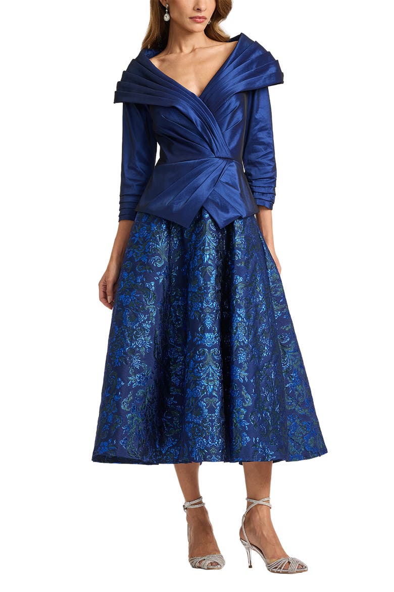 Pleated Shawl Mixed Media Taffeta Floral Jacquard Evening Dress, Main, color, NAVY/ MULTI