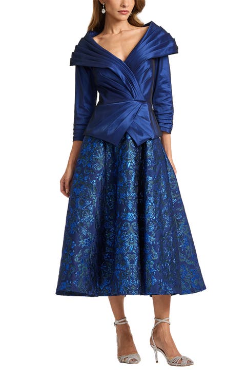 Pleated Shawl Mixed Media Taffeta Floral Jacquard Evening Dress