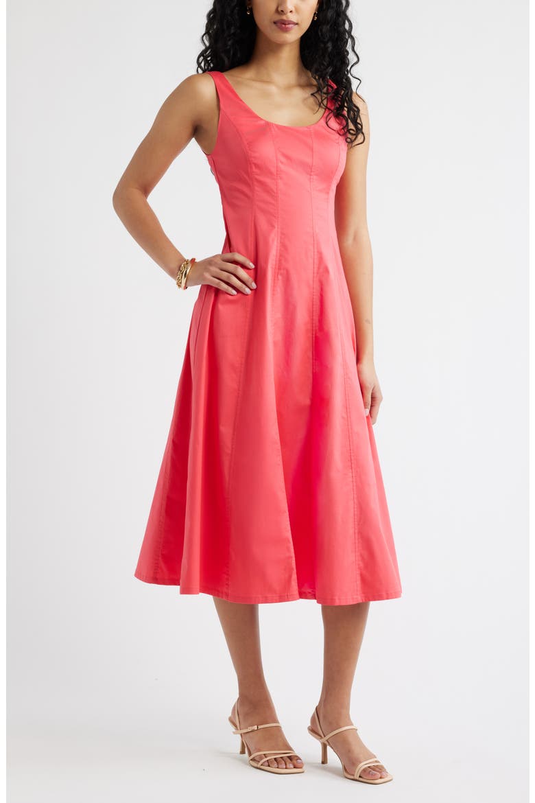 Seamed Strech Cotton Poplin Midi Dress, Main, color, PINK PARADISE
