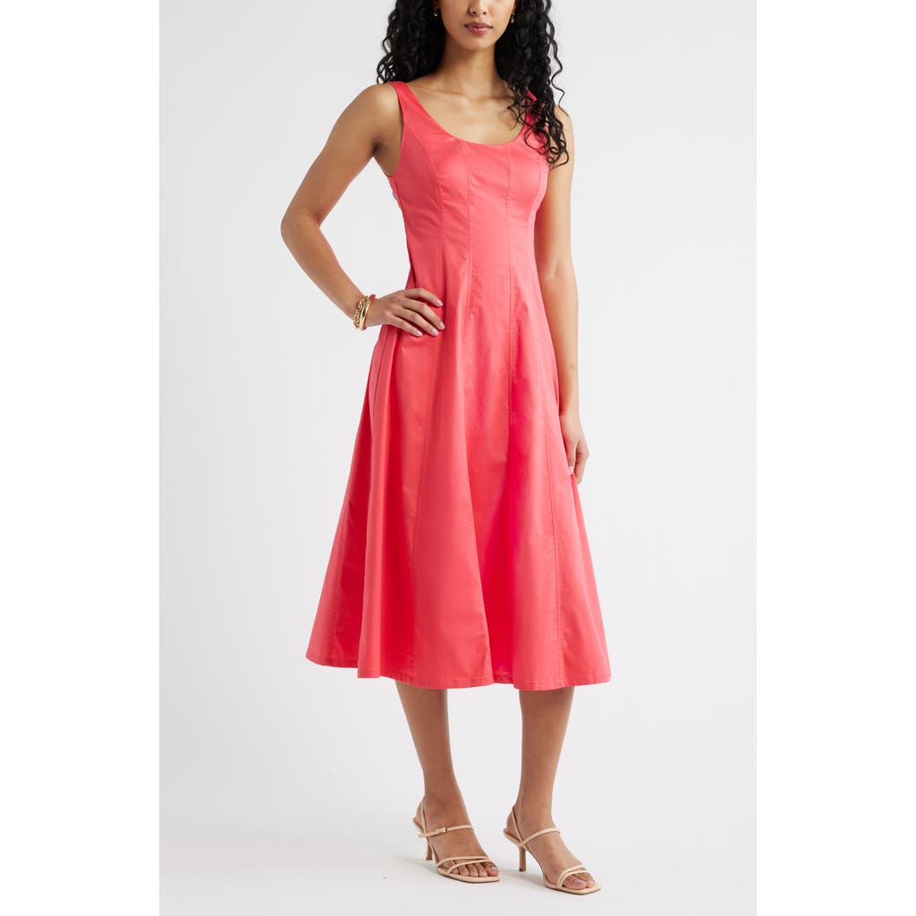 Open Edit Seamed Strech Cotton Poplin Midi Dress In Pink Paradise