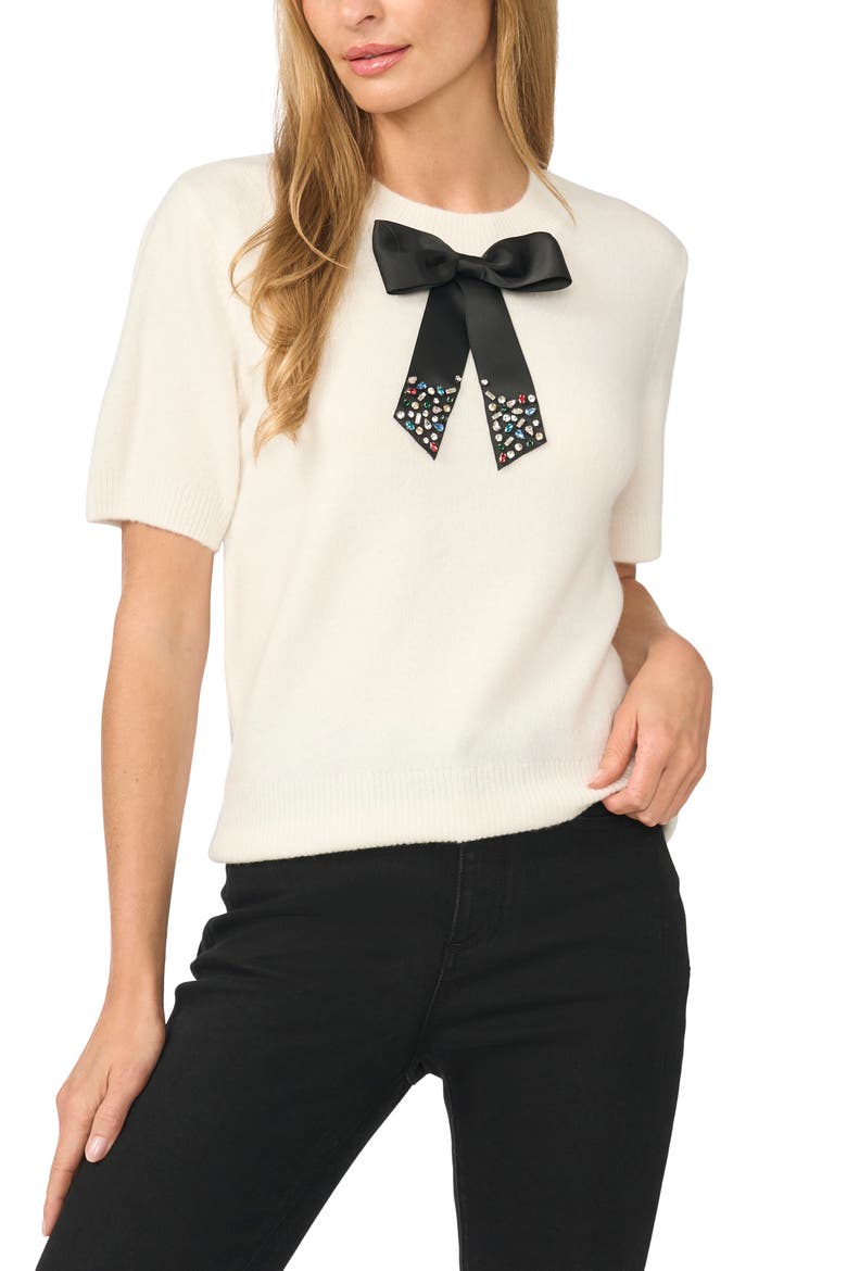 Bow Embellished Short Sleeve Sweater, Main, color, ANTIQUE WHITE