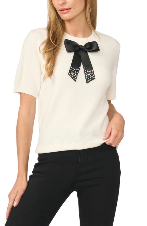 Bow Embellished Short Sleeve Sweater