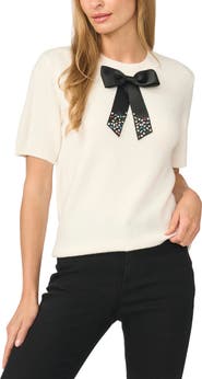 CeCe Bow Embellished Short Sleeve Sweater