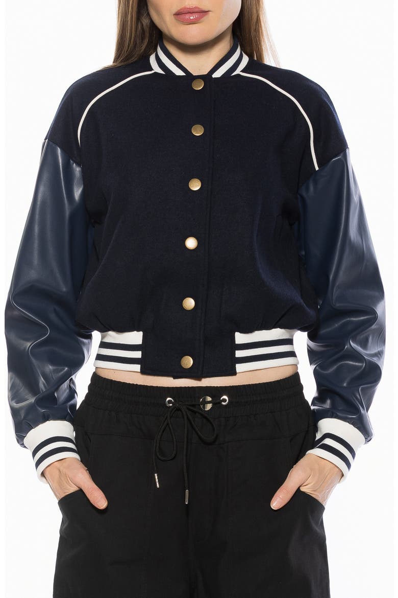 Ciela Varsity Bomber Jacket, Main, color, NAVY