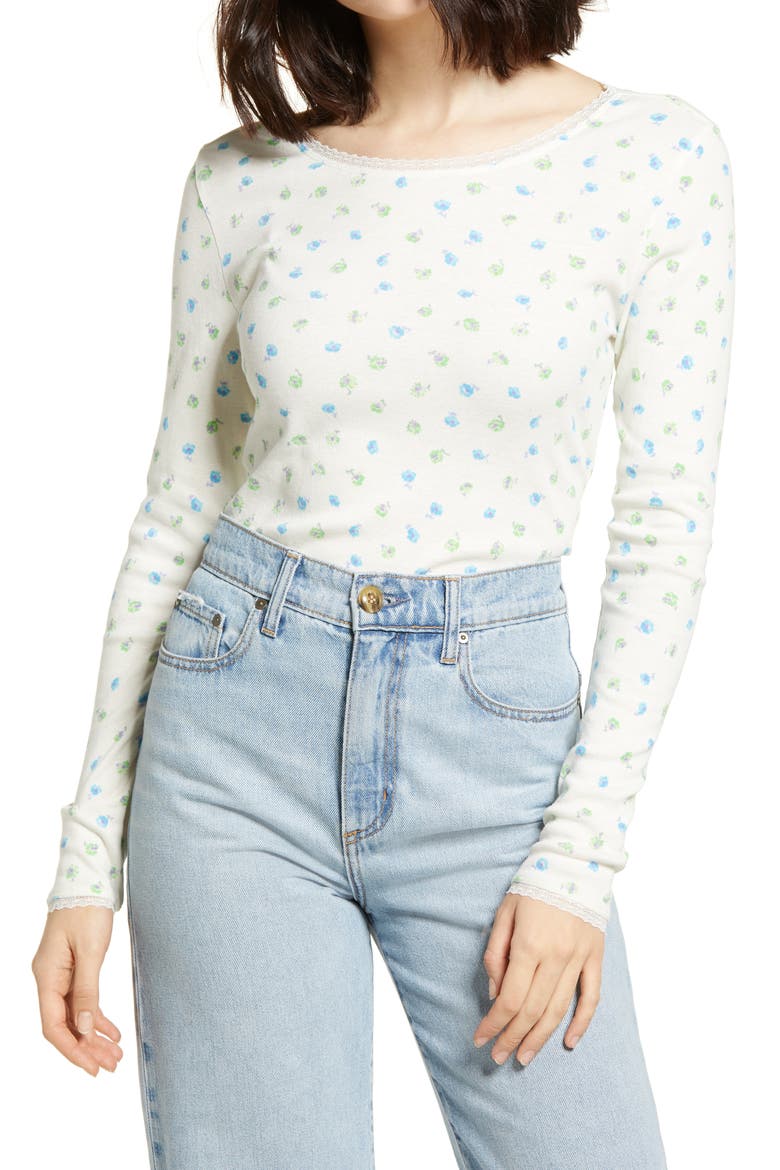 Lace Trim Long Sleeve Tee, Main, color, IVORY FLUTTER TOSSED DITSY