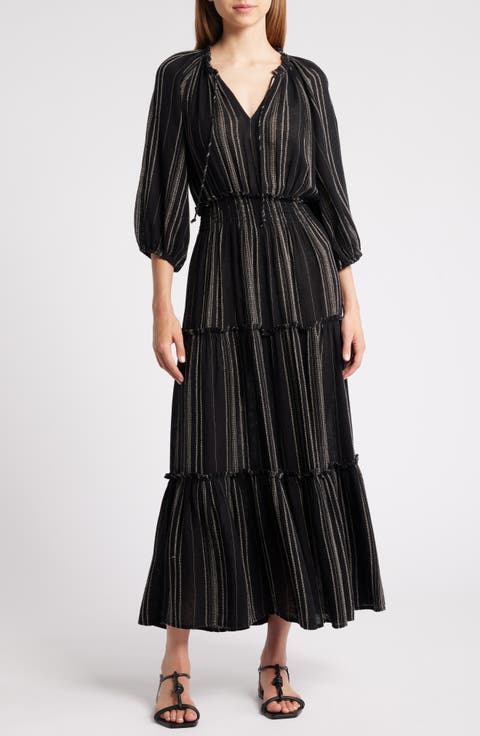 Caterine Stripe Tiered Linen Blend Maxi Dress