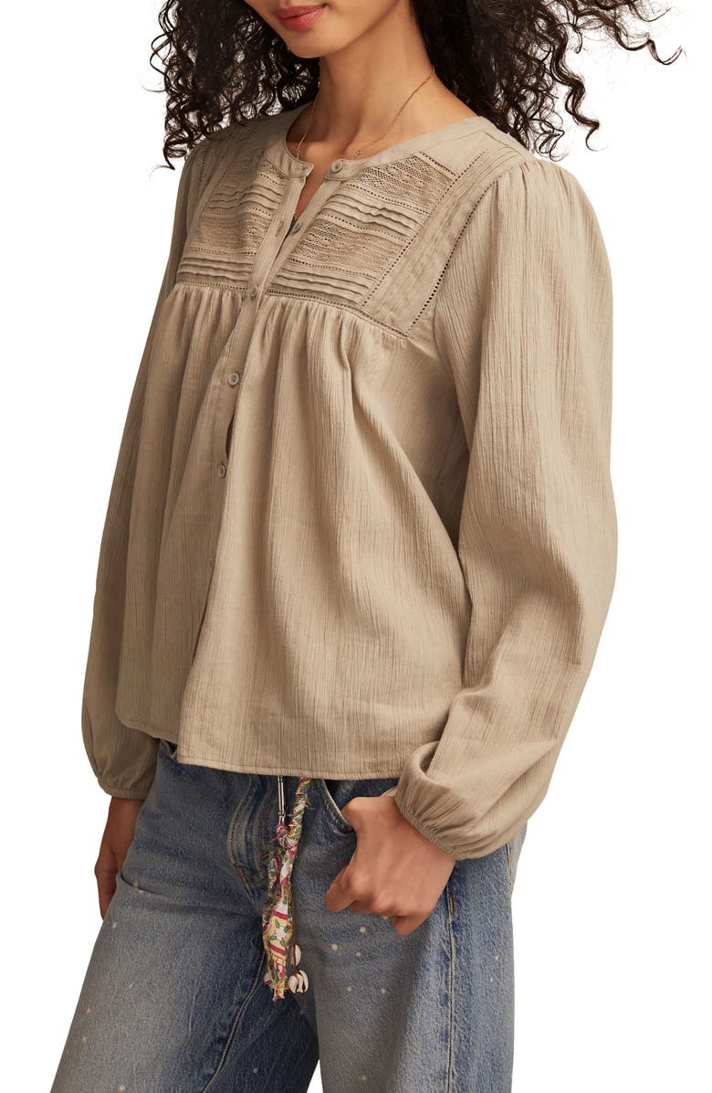 Lucky Brand Lace Inset Cotton Button-Up Peasant Top, Alternate, color, Laurel Oak