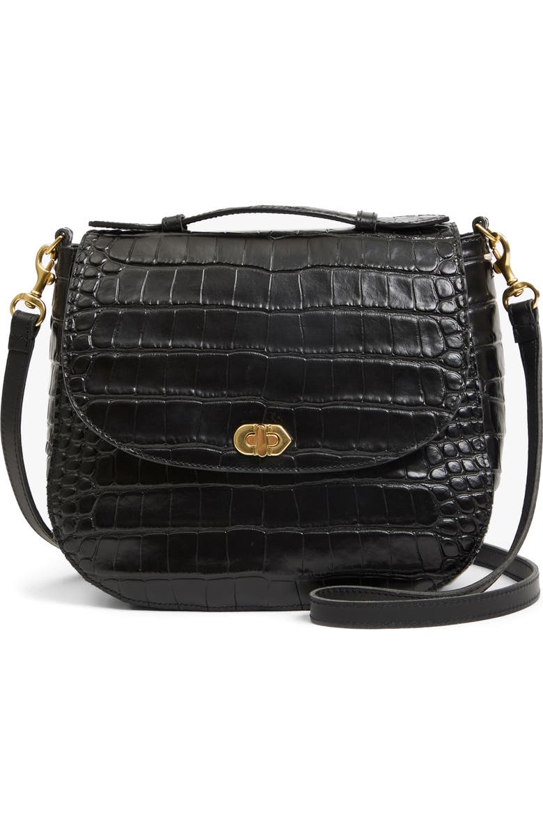 Clare V. Louis Croc Embossed Leather Crossbody Bag, Main, color, Black