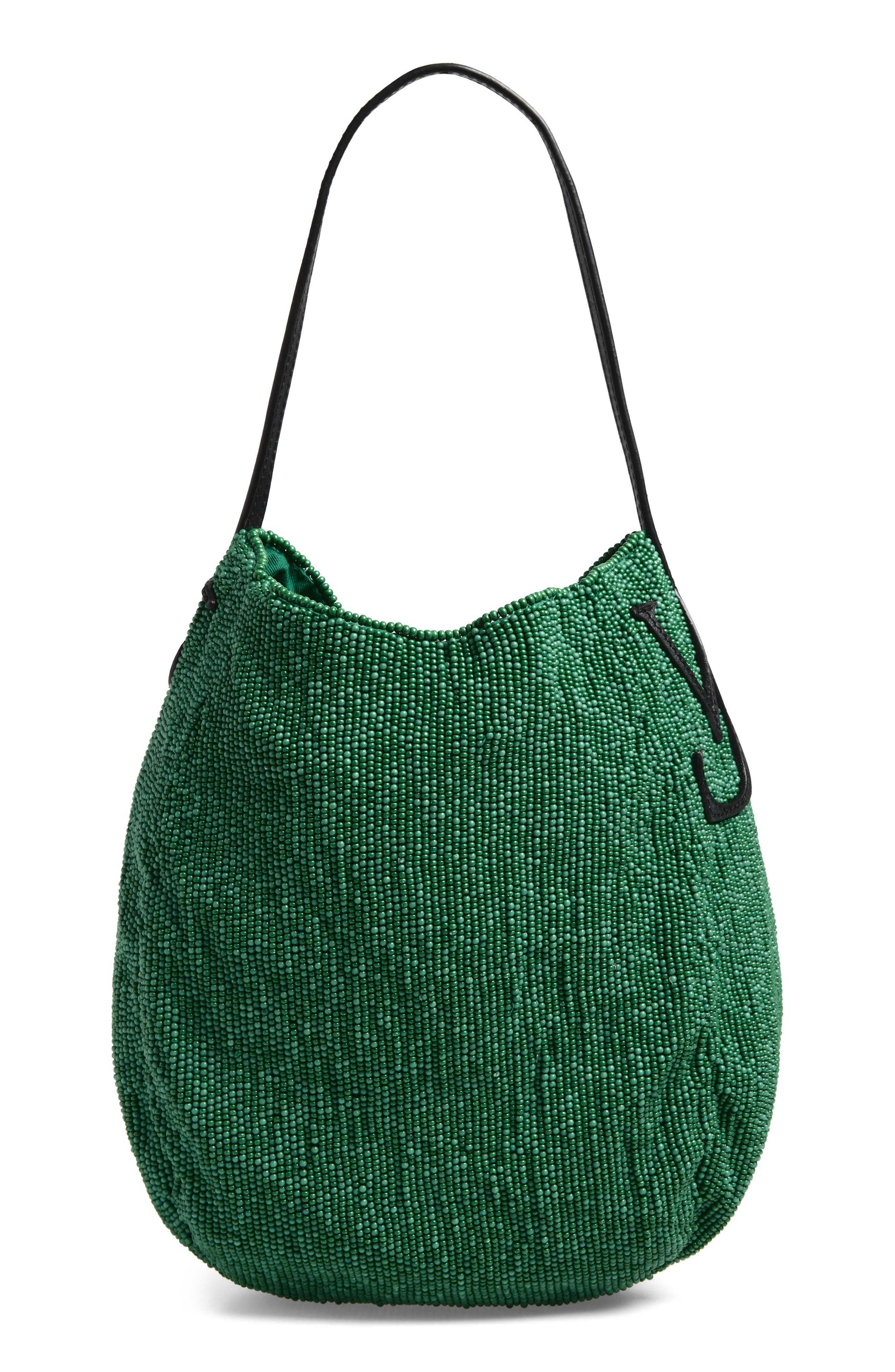 Small Bulb Beaded Leather Hobo Bag, Alternate, color, GREEN
