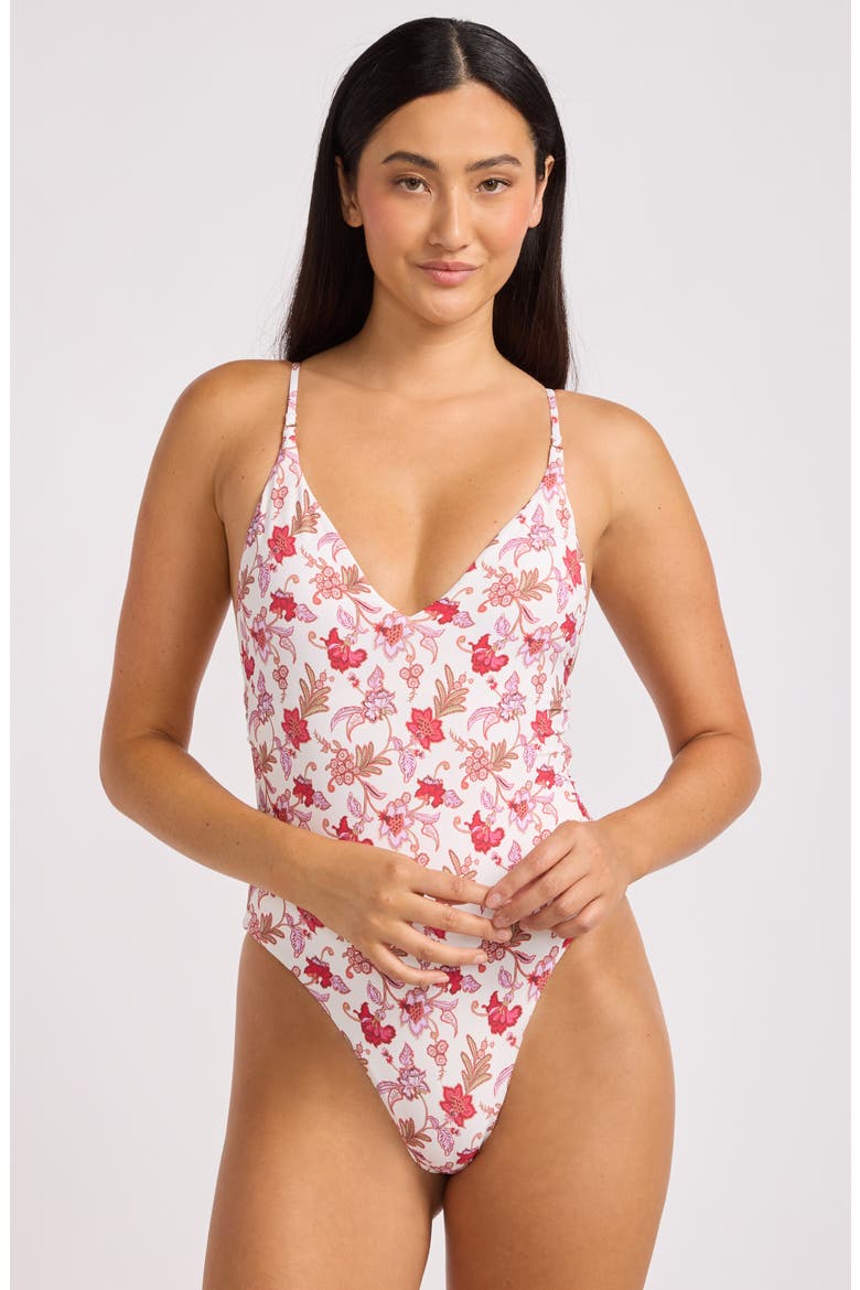 Floral V-Neck One-Piece Swimsuit, Alternate, color, ECRU