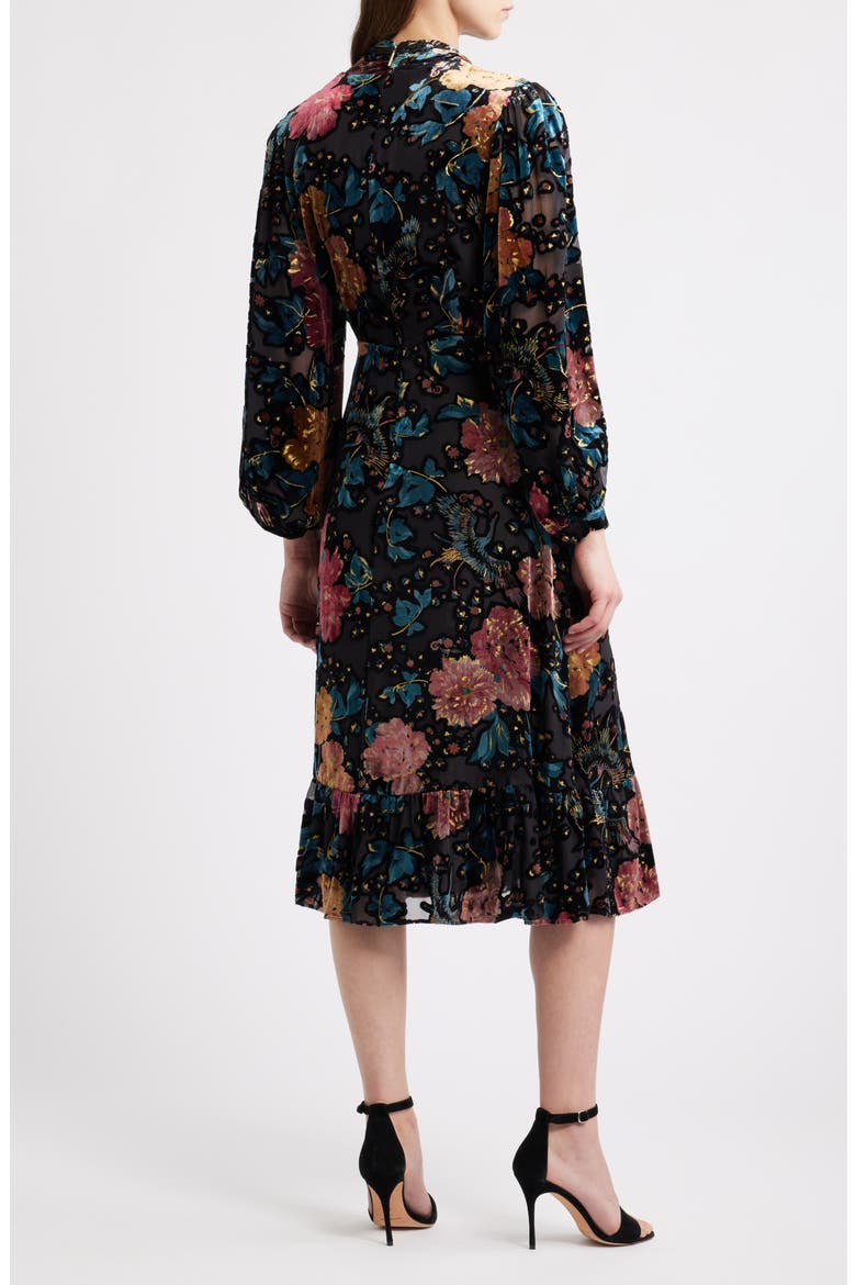 The Becca Long Sleeve Floral Velvet Burnout Midi Dress, Alternate, color, BLACK/ BIRDS OF PARADISE