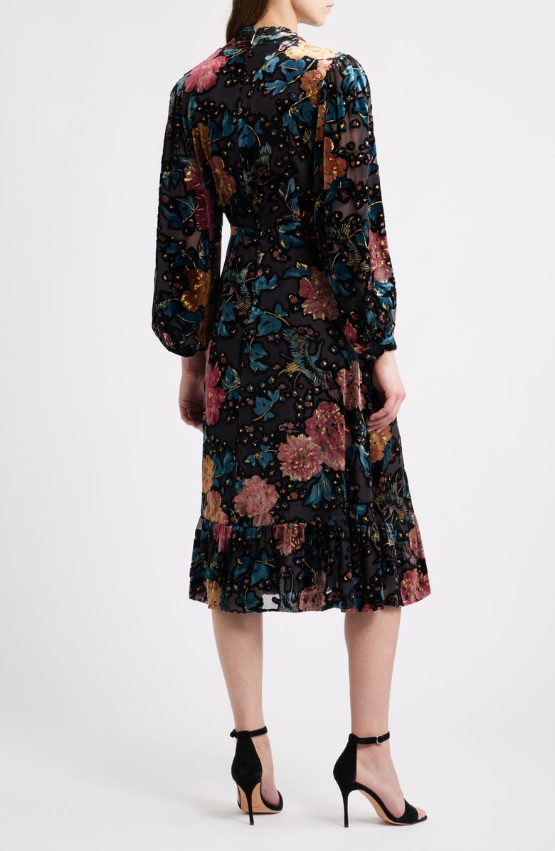 Elie Tahari The Becca Long Sleeve Floral Velvet Burnout Midi Dress, Alternate, color, Black/ Birds Of Paradise