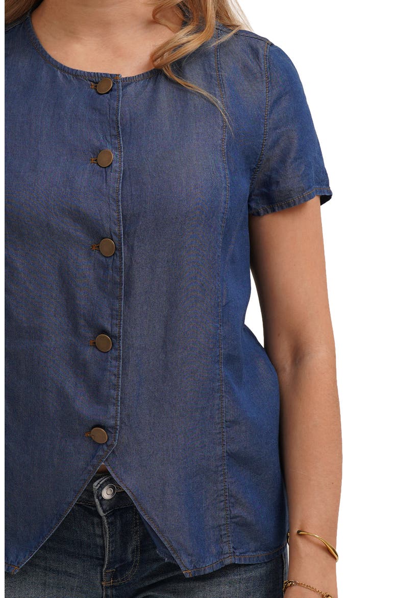 Short Sleeve Button Front Top, Alternate, color, TIDE DENIM