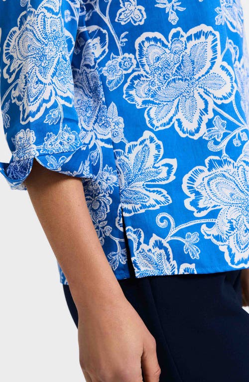 Foxcroft Vena Floral Split Neck Cotton Shirt In Cobalt Blue
