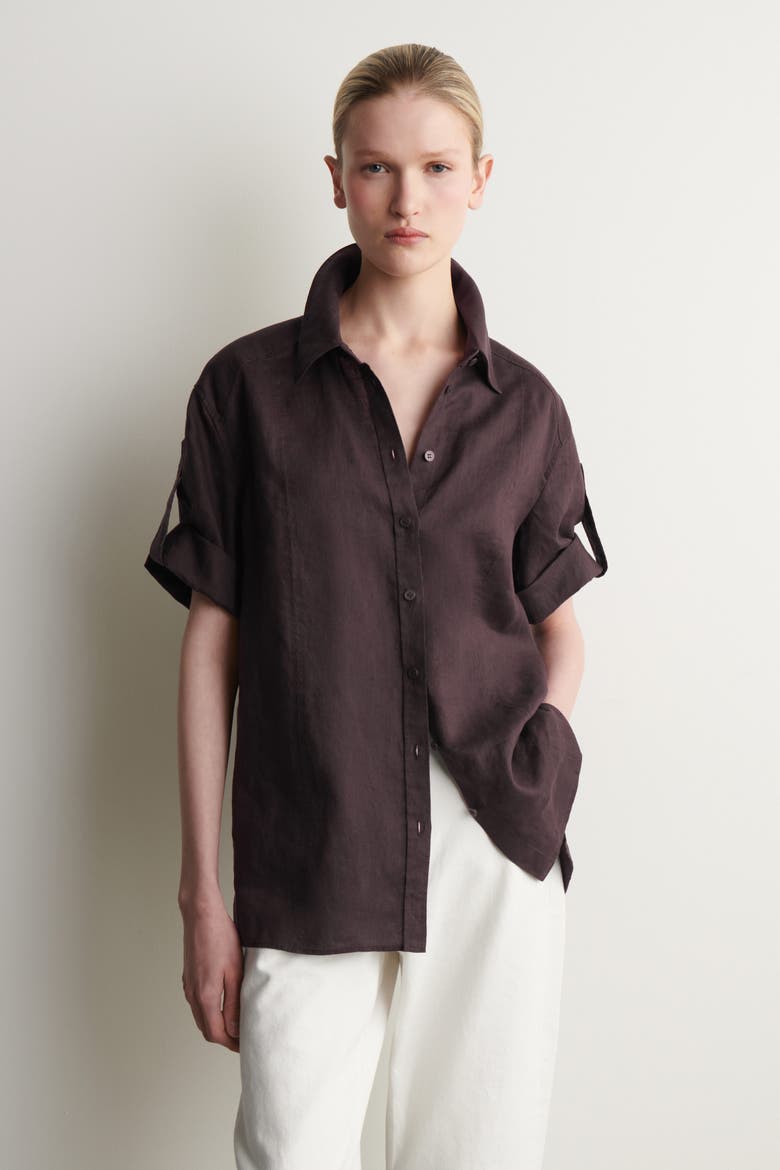 Folded-Sleeve Linen Shirt, Main, color, BURGUNDY