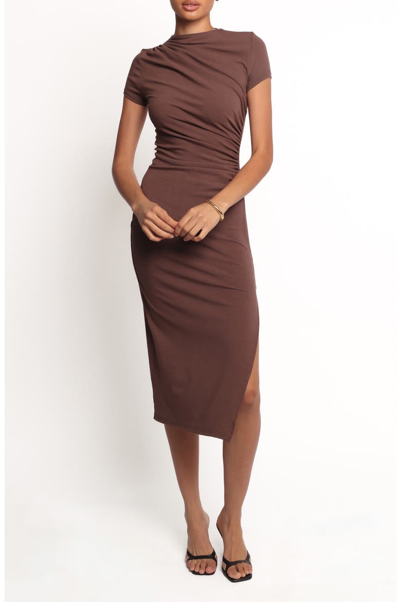 Lioren Ruched Midi Dress, Main, color, BROWN