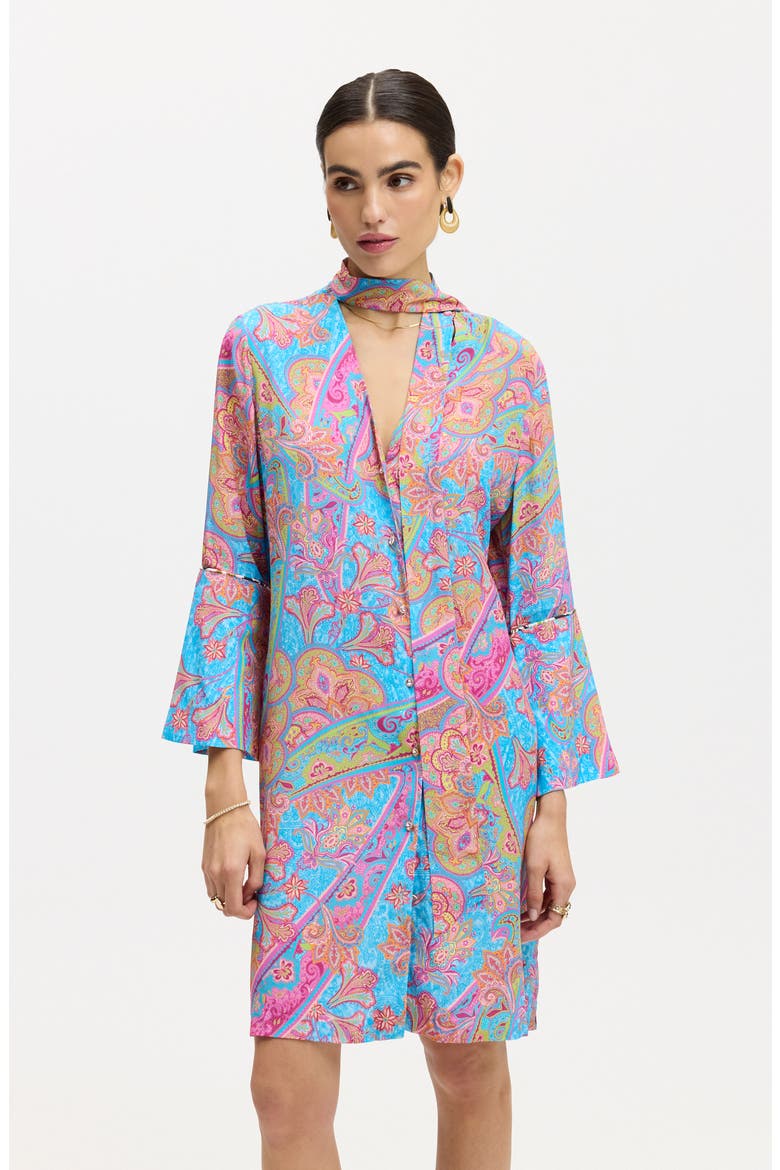 Brenna Tie Neck Long Sleeve Shift Dress, Alternate, color, BLUE MULTI