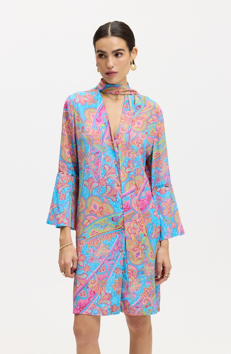 Robert Graham Brenna Tie Neck Long Sleeve Shift Dress, Alternate, color, Blue Multi