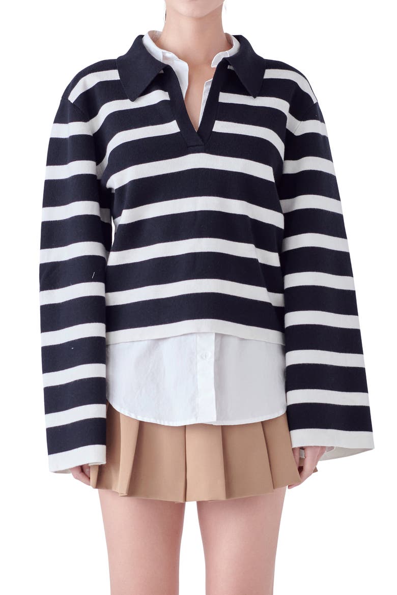 Stripe Crop Polo Sweater, Alternate, color, BLACK/ WHITE