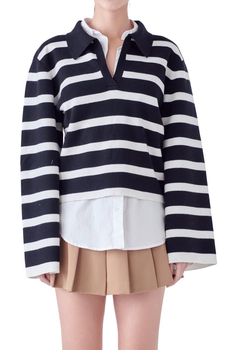 English Factory Stripe Crop Polo Sweater, Alternate, color, Black/ White