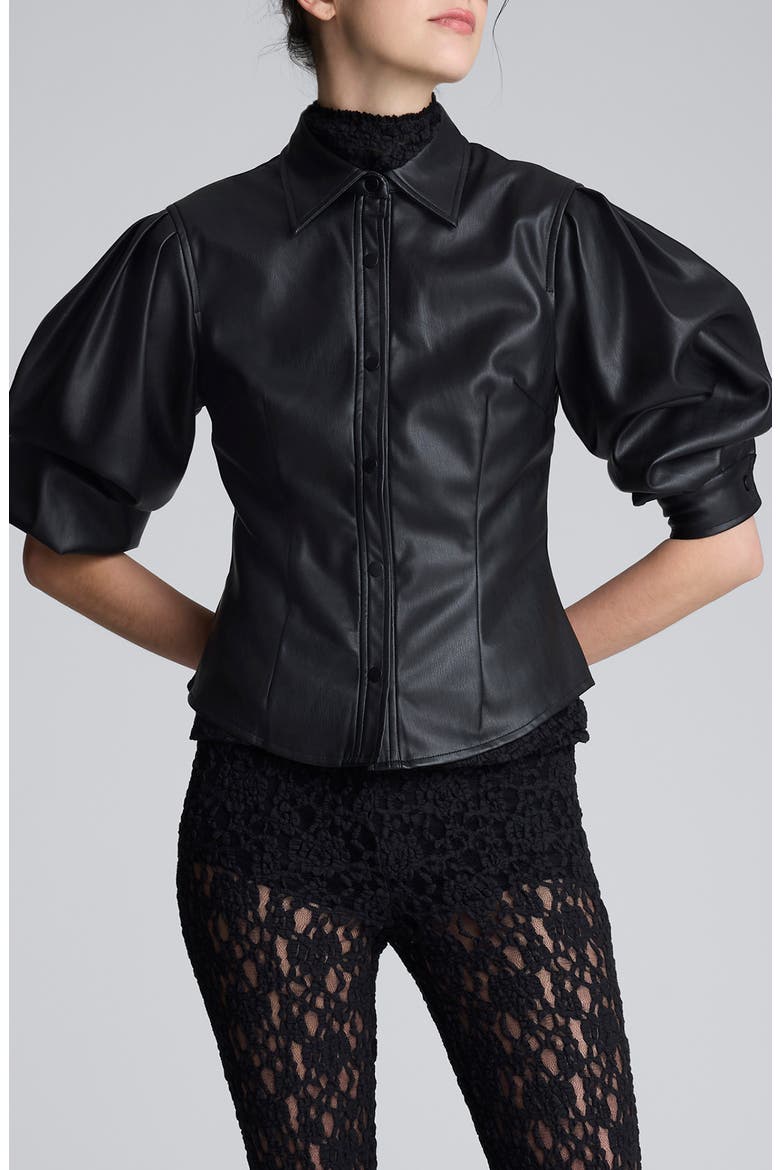 Faux Leather Snap Front Shirt, Main, color, BLACK