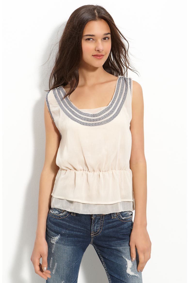 Embroidered Neckline Peplum Top, Main, color, VANILLA/ SEA